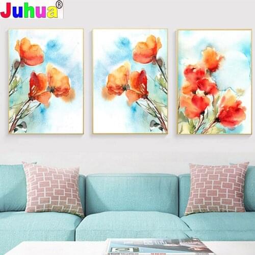 Orange Poppies Botanical 5D Diy Full Square/Round Diamond Painting 3d Pictures, Diamond Embroidery Triptych,Home Art A338