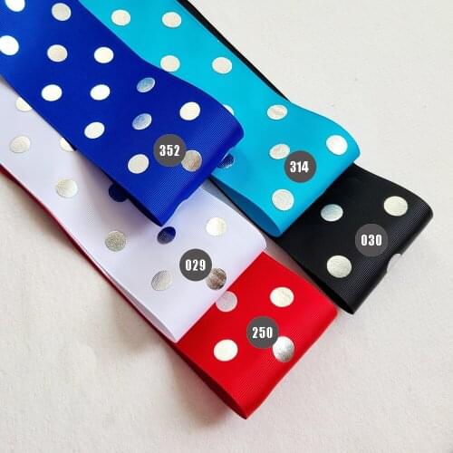 Free shipping 50 yard per color silver foil polka dots printed grosgrain ribbon
