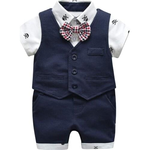 Baby Boys Gentleman Outfits Set, 3pcs Baby Suit Bow Ties Shirts & Vest Coat & Suspenders Pants 6month-2Years Navy