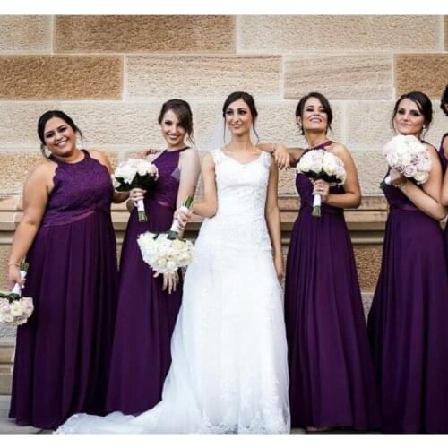 Purple Bridesmaid Dress A-Line Halter Lace Appliques Backless Sleeveless Floor Length Wedding Party Gowns Custom Made 2021