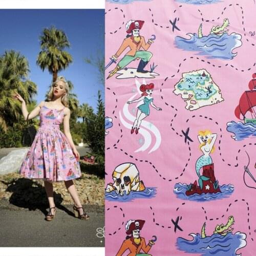 Pirate Mermaid Printed Cotton Stretch Tribute Fabric Parent-child Clothing Childrens DIY Fabrics Cloth for Dress for Sewing