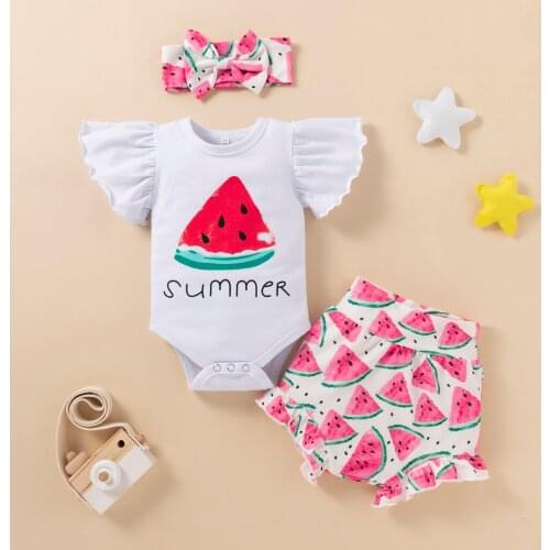 2021-04-26 Lioraitiin 3Pcs Set 0-12M Infant Baby Girl Summer Clothing Set Off Shoulder Watermelon Printed Romper Top Shorts