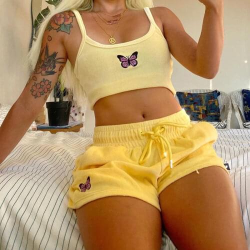 Loungewear Suit Yellow Velvet Crop Top and Shorts Women Pajamas 2 Pieces Set Summer Embroidery Home Clothes Sleepwear