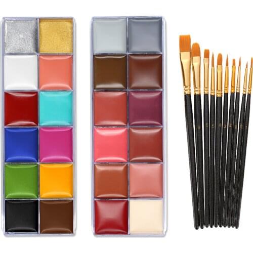 2PCS 12-Color Oil-based Body Face Painting Paint + 10PCS Brushes for Halloween Theatre Performances Masquerade Cosplay Party