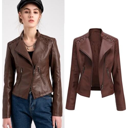 Autumn Women Faux Leather Jacket Biker Coffee Black Coat Turn Down Collar PU Motorcycle Jackets Loose Streetwear Outerwear