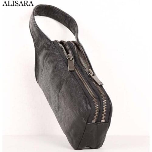 Alisara Small Hand Bag First Layer Sheepskin Leather High Quality Mens Clutch Bags Casual Storage Cell Phone Pack Zipper Wallet