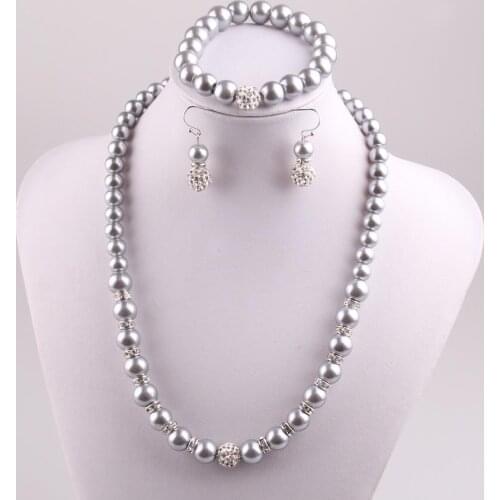 Fashion Jewelries Sets Gray Glass Pearl Jewelry sets with Spacers Pave Ball Necklace Bracelet Earring set