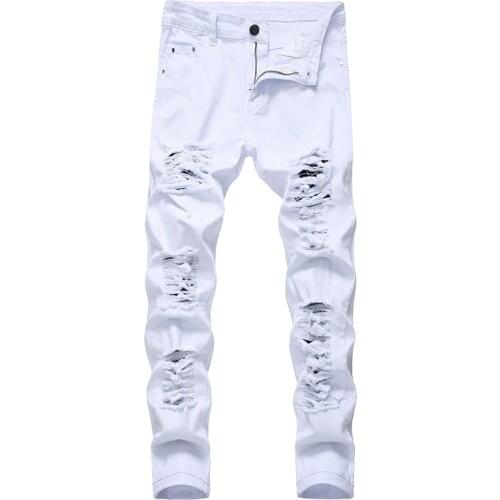 Men Straight Hole Destruction Stretch Trousers Distressed Jeans Men Denim Pants Men Jeans Fashion Designer Brand White Jean Male