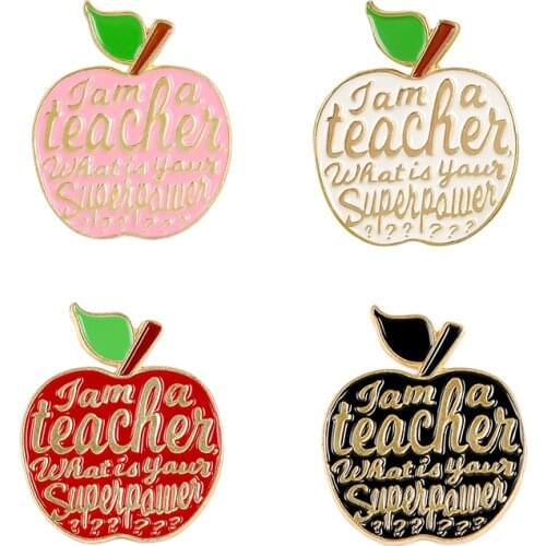 I am a teacher set pins Teachers best gifts enamel pins Black white apple badges brooches Lapel pin badges Fruit plant jewelry