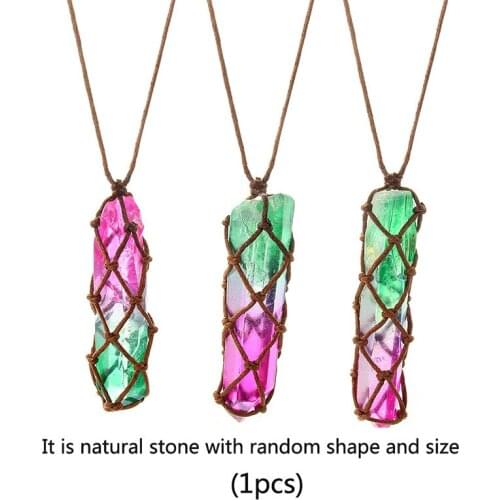 Natural Stone Color Crystal Column Pendant Necklace White Crystal Power Stone Pendant Hand-woven DIY Jewelry Accessories