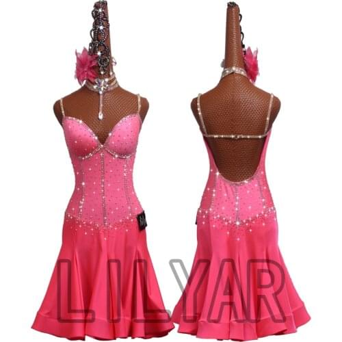 New Latin dance skirt competition skirt performance Skirt Adult custom pink sleeveless flash diamond dance skirt