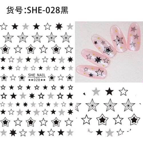 Newest SHE-028 Black and white gold star 3d nail art sticker nail decal stamping export japan designs rhinestones decorations