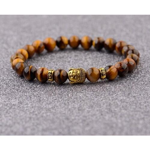 New 8mm Trendy Gold Color Buddha Tiger Eye&Lava Stone Beads Bracelet Men Meditation Prayer Strand Bracelets Women WAB187