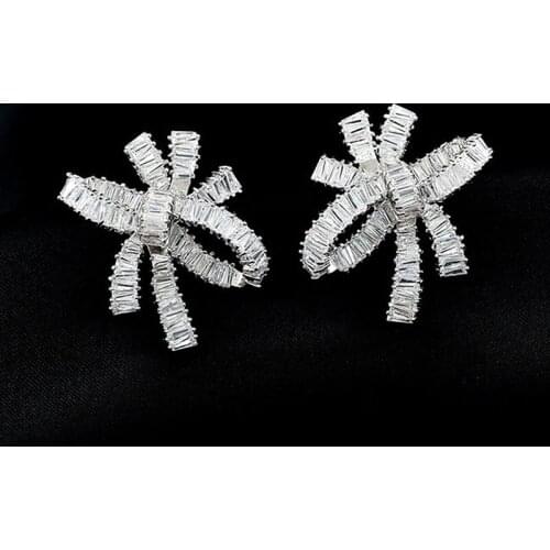 Luxury White Gold Color big Bowknot Stud Earrings For Women Claw Setting AAA Cubic Zirconia Cluster Design Bride Jewelry LS4039