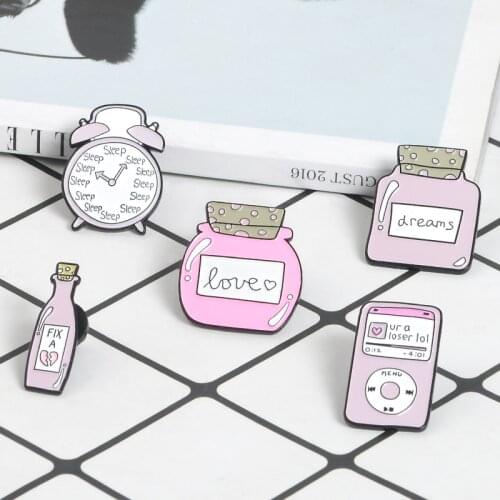 Pink Clock Music player Bottle Enamel pins Sleep Alarm clock Fix Love Dream Bottle Brooches Badges Lapel pin Gift for friend