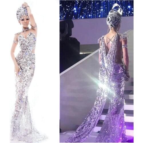 Sexy Silver Sequins Clothes For Women Flash Paillette Queen Costumes Car Model Suit For Adults Stage Show Halloween Cosplay