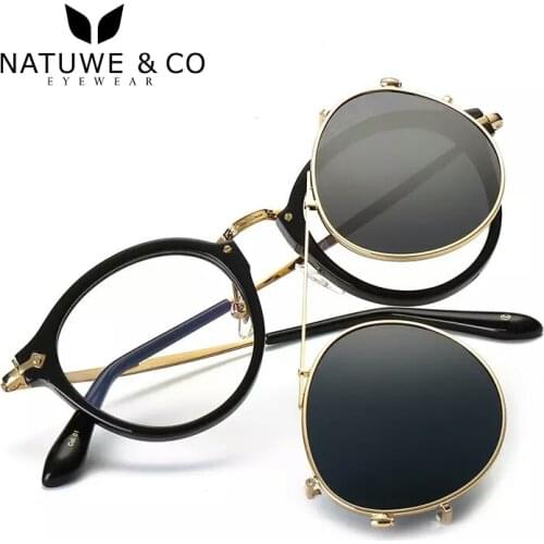 Men Retro Clip On Magnetic Sunglasses Double Bridge Blue Mirror High Quality Metal Optical Frame