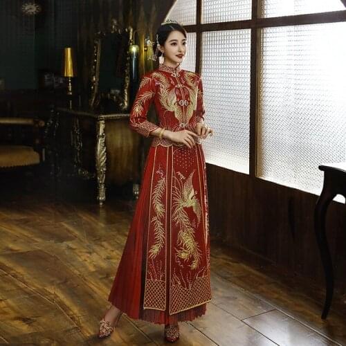 Bride Traditional Cheongsam Dress Vintage Oriental Chinese Dragon Phoenix Embroidery Wedding Gown Dress