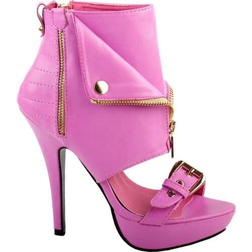 LF30103 Punk Stud Buckle High Heels Stilettos Pump with Zip Platform Bootie Sandal Pink