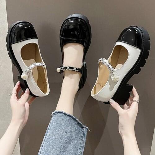 Lolita Shoes Patchwork Mary Janes Shoes Woman Pearls Metal Platform Leather Shoes Thick Sole Round Toe Pumps Oxford Shoe 9230L