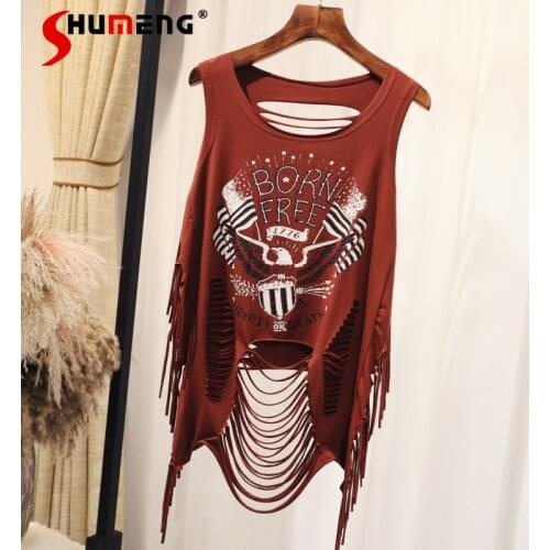 Outdoor Vest Female 2021 Summer Fashion Sexy Ripped Hollow Tassel Tank Tops Ins Cotton Spaghetti Straps Sleeveless Short Tops