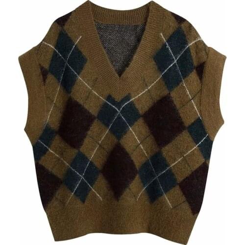 Fall 2020 New Womens Diamond Pattern Knitted Retro V-Neck Sleeveless Vest Sweater Chic Tops