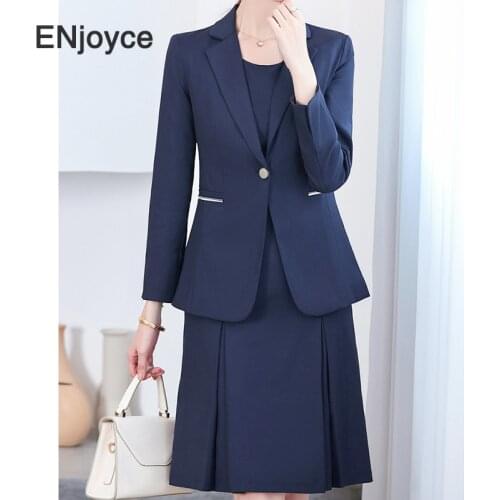 2021 Spring Fall Women Sets Vintage Grey Blazer and Midi Dress Two Pieces Set Elegant Office Ladies Work Wear Business Uniform