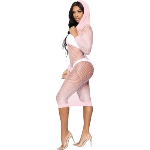 S-XXL Womens Sheer Mesh Long Sleeve Hooded See Through Swimwear Bikini Cover Up Dress