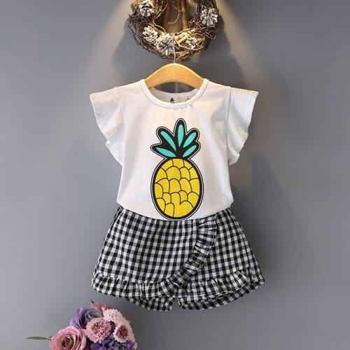 2020 Summer Girls' Clothing Sets Elegant Princess Fruit T-Shirt +Printed Plaid Skirt 2PCS Suit Kids Clothes Children Clothing