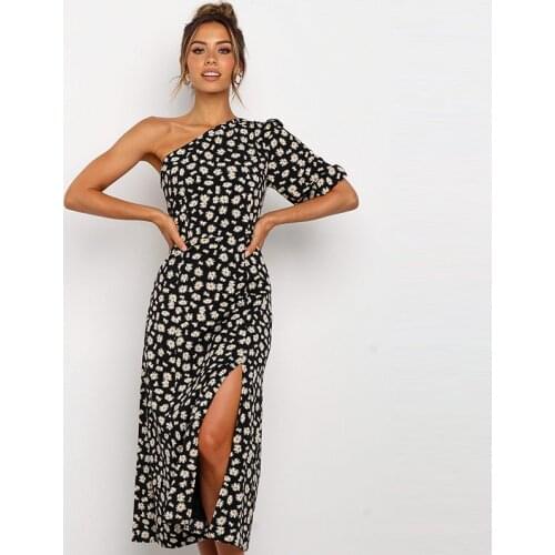 AECU Summer Women Long Dress Sexy One Shoulder Casual Floral Dress Sundress Elegant Slit Long Dress For Women Clothes Vestidos