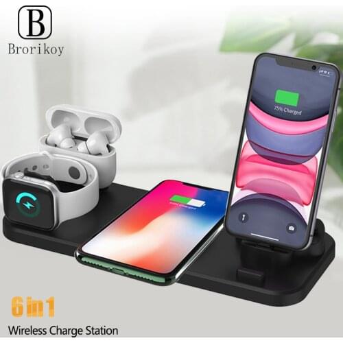 6 in 1 Wireless Charger Stand Mobile Phone Quick Charge Dock Micro USB Type-C for iPhone iWatch 5 4 3 Airpods Wireless Charging