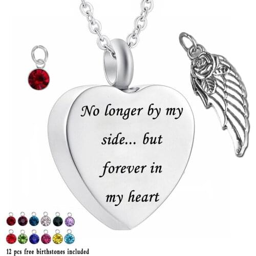 No Longer by My Side ,But Forever in My Heart -12 Piece Birthstone and Wing Necklace Heart Memorial Keepsake Jewelry for Ashes