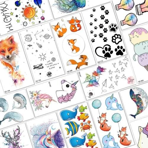Children Cartoon Temporary Tattoos For Kids Cute Fox Unicorn Dog Paw Star Planets Waterproof Fake Tattoo Paper Body Arm Tatoos