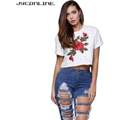 JYConline Embroidery T-shirt Women Short Sleeve Female Tops Rose Tee Shirt Femme Hole Cropped Top Harajuku T-shirts For Women