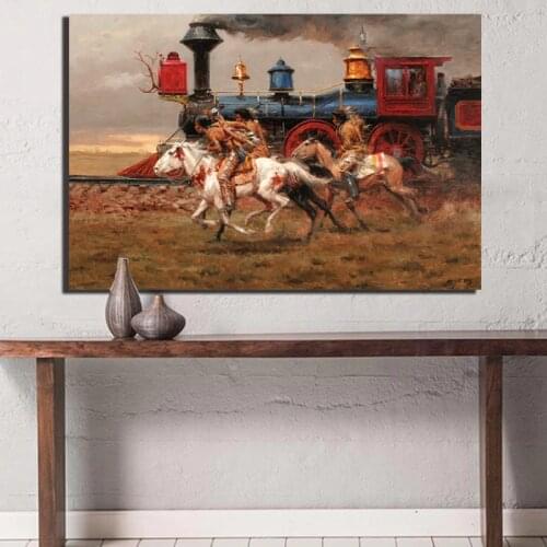 Western Horse Train Poster Oil Painting on Canvas Bedroom Wall Art Decoration Pictures For Living Room Home Decor