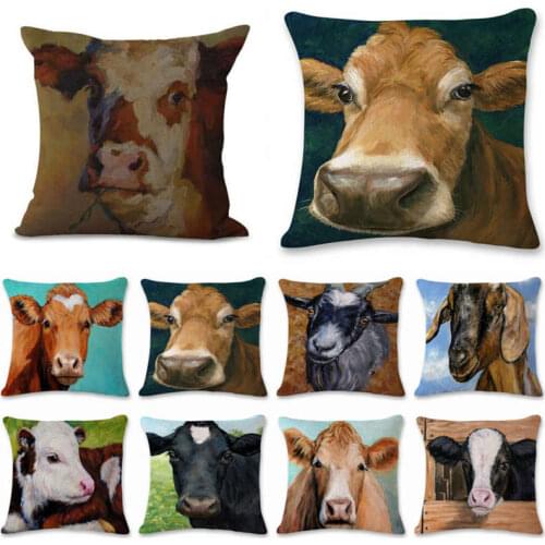 Animal Oil Painting Cow Pillow Case Sofa Car Waist Cotton Linen Cushion Cover For Home Sofa Seat Room Decor 45*45 CM