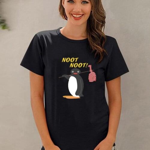 Kawaii Cartoon Noot Noot Pingu Female T Shirt Noot Noot Letter Printed Harajuku Vintage Cute Animal Tops Cotton Black White Tee