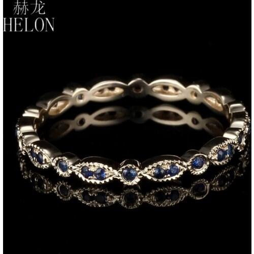 HELON Solid 14K AU585 Yellow Gold Round 0.22ct Genuine Sapphire Engagement Wedding Ring Women Vintage Fine Jewelry Gemstone Ring