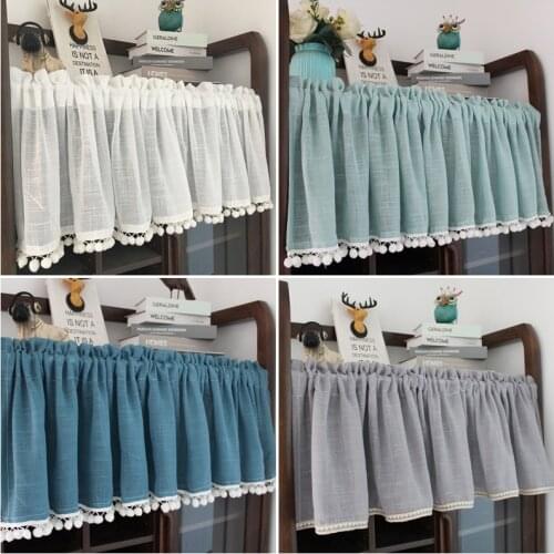 Kitchen Short Curtains for Cabinet Tulle Half-curtain Solid Color Voile Window Valance Cafe Yarn Curtain Tassel Home Room Decor