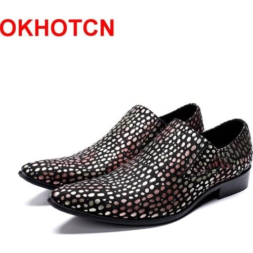 Colored Wave Point Metal Pointed Toe Men Party Wedding Dress Shoes Leather Slip on Italian Shoes Men Oxfords Chaussures Hommes