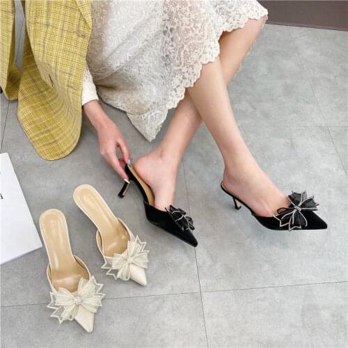 2021 Hot Sales Pointed Toe Women Slippers Rhinestone Bow Slides Party Thin High Heels Mules Shoes Shallow Elegant Slides Slipper
