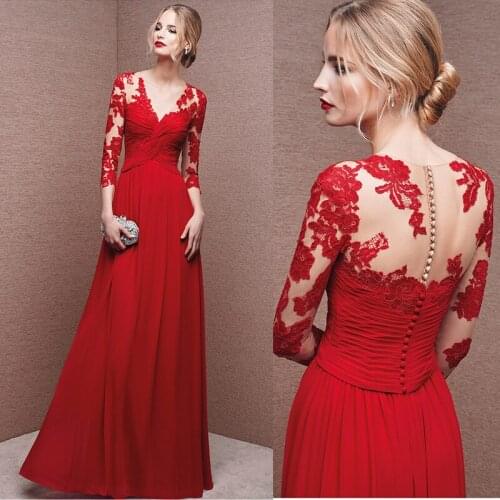 Inexpensive red three quater sleeves floor length A-line lace mother of the bride dresses formal dresses wedding part dresses