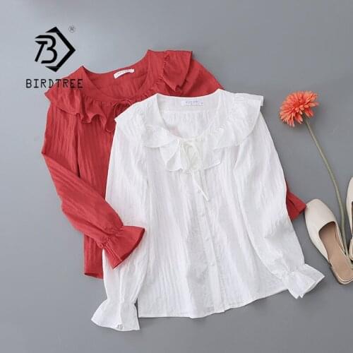 Autumn New Women Vintage Ruffles Cotton White Shirt V-Neck Lace Up Button Up Solid Blouse Casual Elegant Female Basic Tops T1851