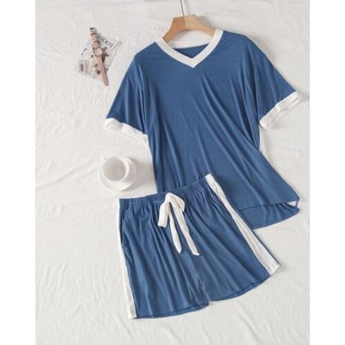 Modal Pajamas Set Female Summer Ribbed V-Neck Large Size Loose Breathable Short-Sleeved Home Suit Casual Pyjamas Women 3XL