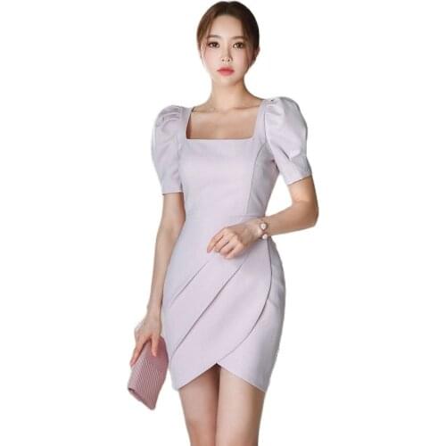French Purple Mini Dresses one piece korean ladies Summer Sexy square neck SHort Sleeve Party mini Dresses for women clothing