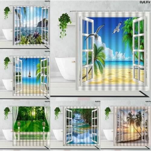 Beach Waterfall View Shower Curtain Set Opening The Window Sea Scenery Bath Curtains Nature Landscape For Home 3D Bathroom Decor