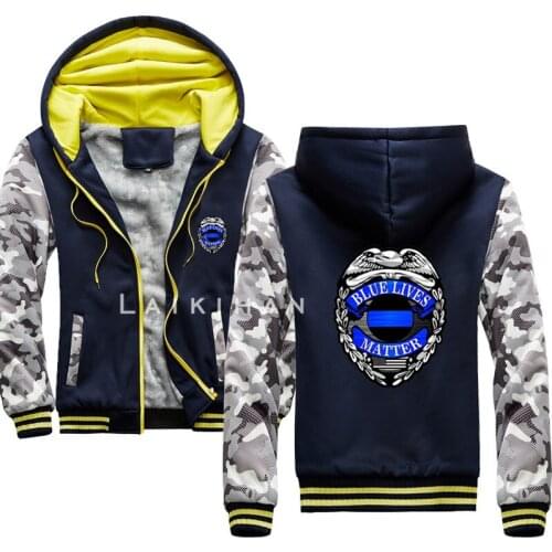 Police badge Thin Blue Line Sticker FS294 USA Sweatshirts Men Winter Fleece Thick Hoodies Jacket Hoddie Streetwear Hip Hop Male