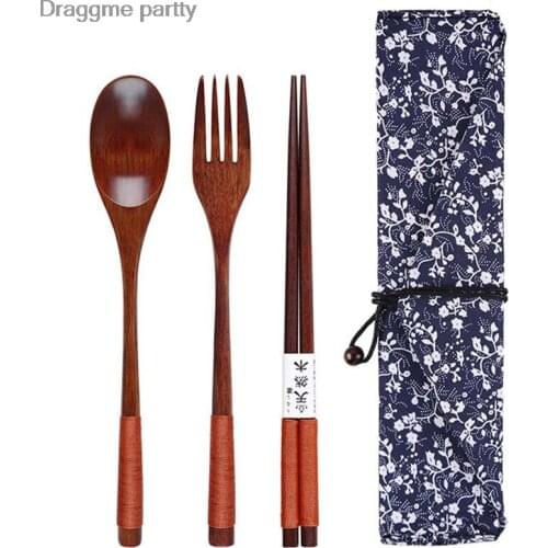 Portable Wood Tableware Wooden Cutlery Sets Travel Dinnerware Suit Environmental With Cloth Pack Gifts Set Cutlery Set Wood
