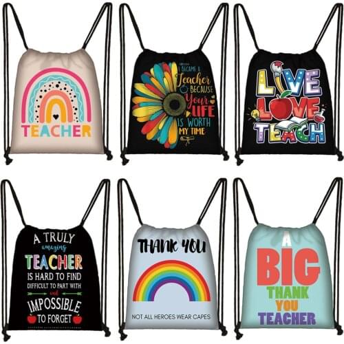 7 Color Rainbow Teacher Print Backpack Love To Teach Women Drawstring Bags Causal Storage Bags for Travel Shoes Holder Bag Gift