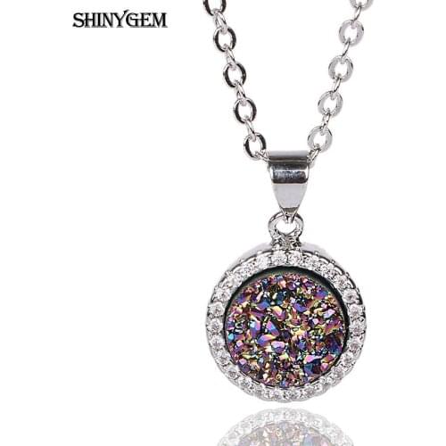 ShinyGem Fashion 13mm Round Natural Crystal Druzy Pendant Necklaces Pave Silver Plated Rhinestone Gem Stone Necklaces For Women